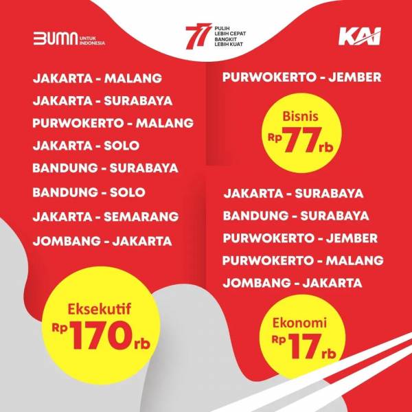 Peringati HUT Ke-77 RI, KAI Daop 8 Hadirkan Tarif Promo Merdeka