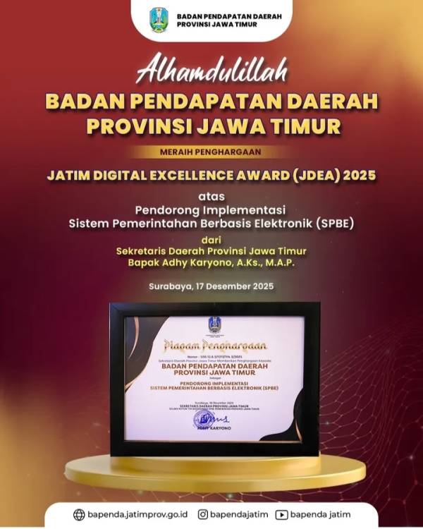 Bapenda Jatim Raih Penghargaan Bergengsi Jatim Digital Excellence Award 2025