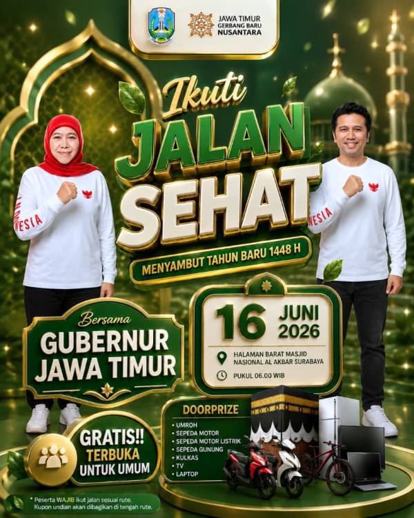 Sambut Tahun Baru Islam 1448 H, Khofifah Ajak Warga Jatim Ikuti Jalan Sehat di Masjid Al Akbar Surabaya