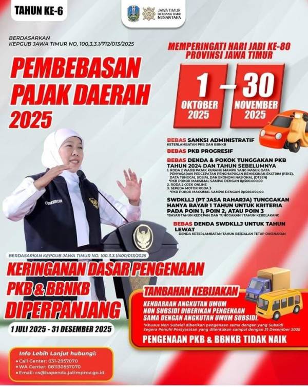 Kado Spesial HUT ke-80 Jawa Timur: Pajak Kendaraan Gratis, Denda Dihapus, Potensi Rp29 Triliun Masuk Kas Daerah!