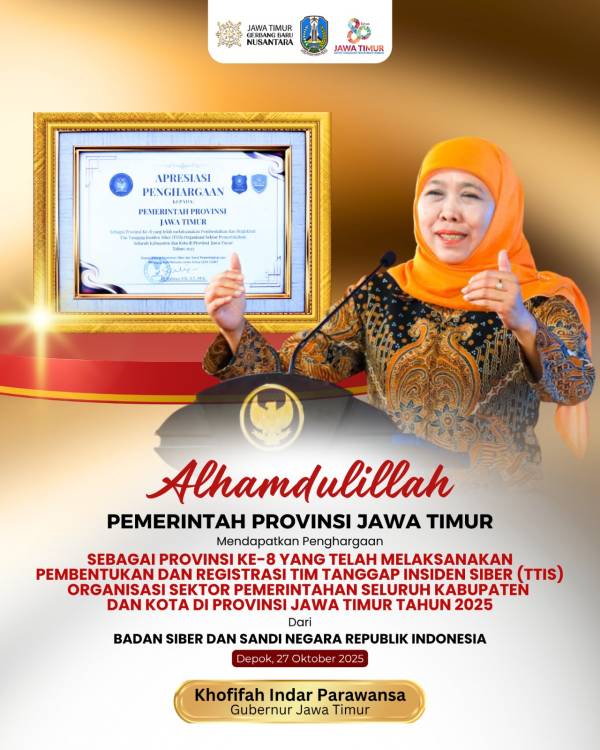 Komitmen Gubernur Khofifah Perkuat Ketahanan Siber Diapresiasi BSSN, Pemprov Jatim Raih Penghargaan TTIS