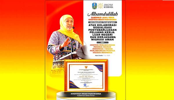 Gubernur Khofifah Terima Penghargaan Nasional atas Perlindungan Pekerja Migran
