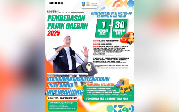 Hadiah Hari Jadi ke-80, Pemprov Jatim Bebaskan Pajak Daerah untuk Warga