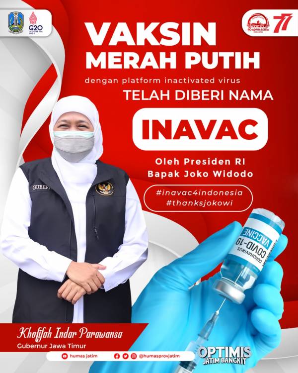 Jokowi Resmi Beri Nama Vaksin Merah Putih 'Inavac', Khofifah Bersyukur dan Bangga Hasil Karya Ilmuwan Universitas Airlangga Jadi Solusi Bangsa Atasi  Covid-19